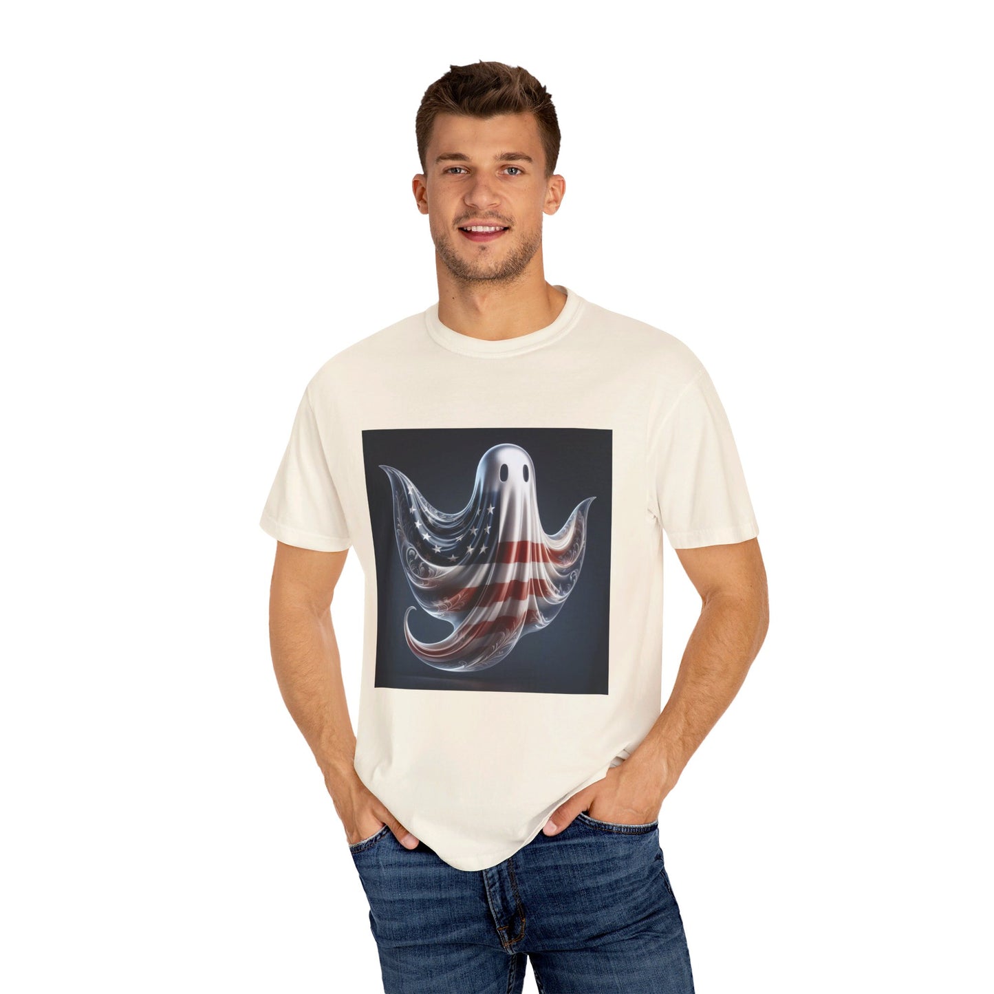 Elegant Ghost T-Shirt with American Flag – Sophisticated Patriotic Design | Comfortable Ring-Spun Cotton Tee