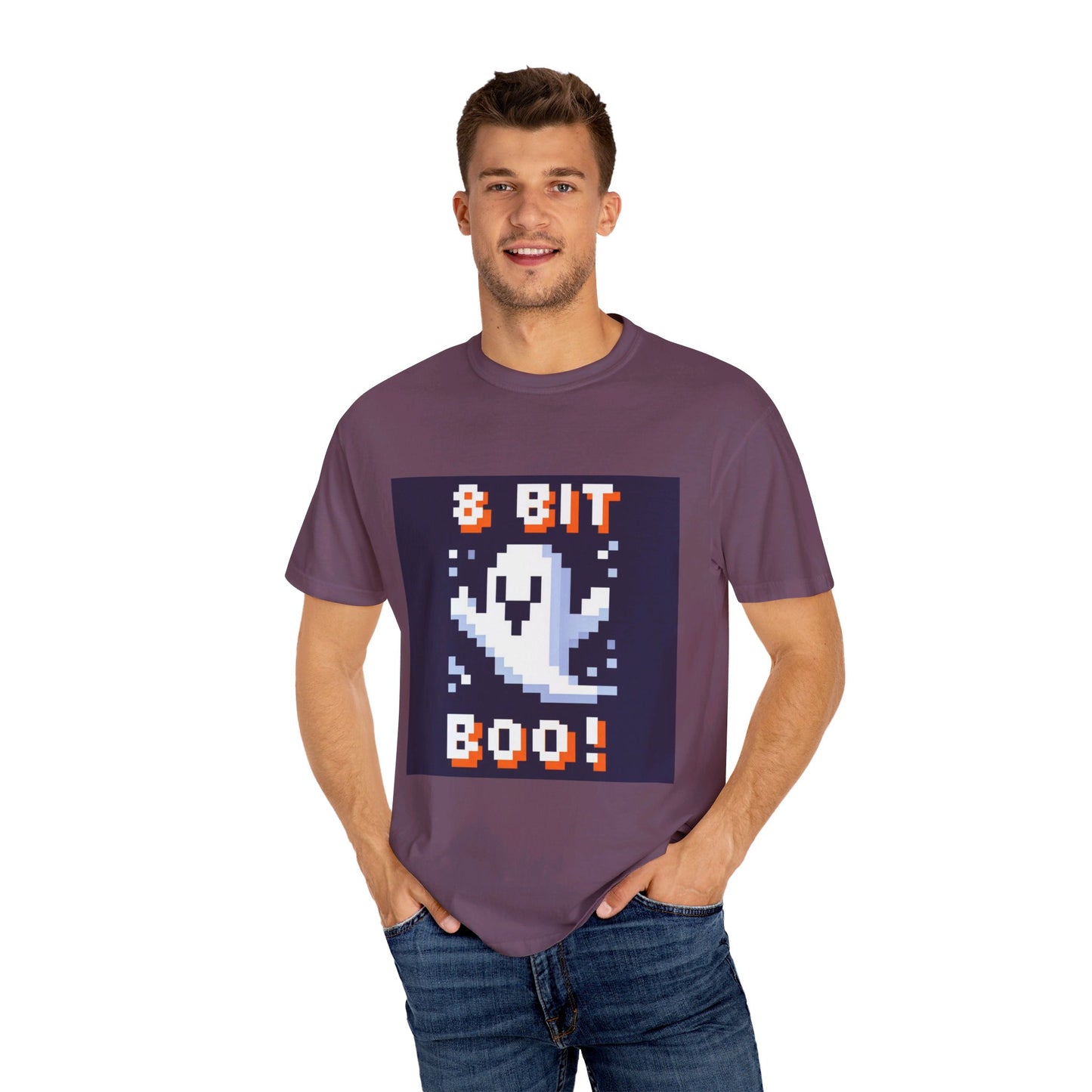 "8-Bit Boo! Retro Pixel Ghost Halloween T-Shirt - Nostalgic Gamer Tee with Neon Glow - Unisex Comfort Fit"