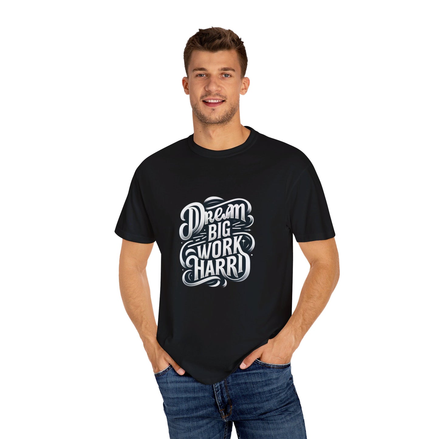 "Dream Big, Work Hard" T-Shirt – Inspiring Minimalist Design, Motivational Apparel, Classic Black and White Tee