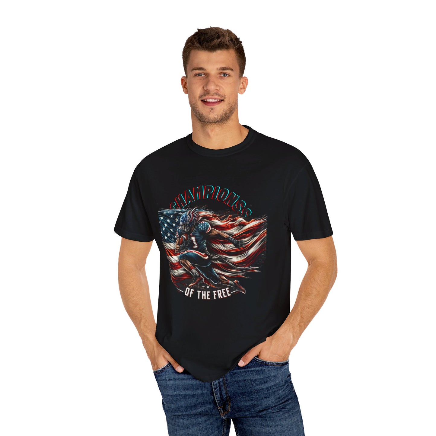 Champions of the Free" T-Shirt – American Football, Patriotic Design, Unmatched Comfort