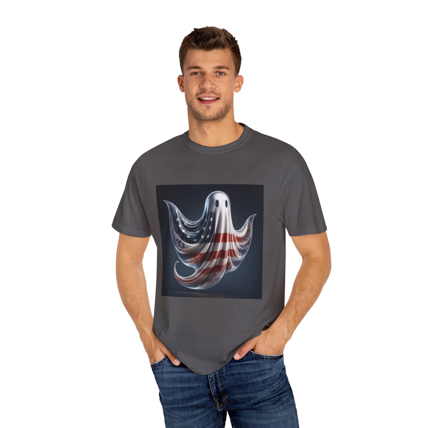 Elegant Ghost T-Shirt with American Flag – Sophisticated Patriotic Design | Comfortable Ring-Spun Cotton Tee