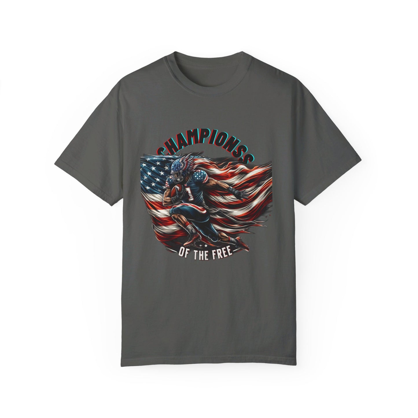 Champions of the Free" T-Shirt – American Football, Patriotic Design, Unmatched Comfort