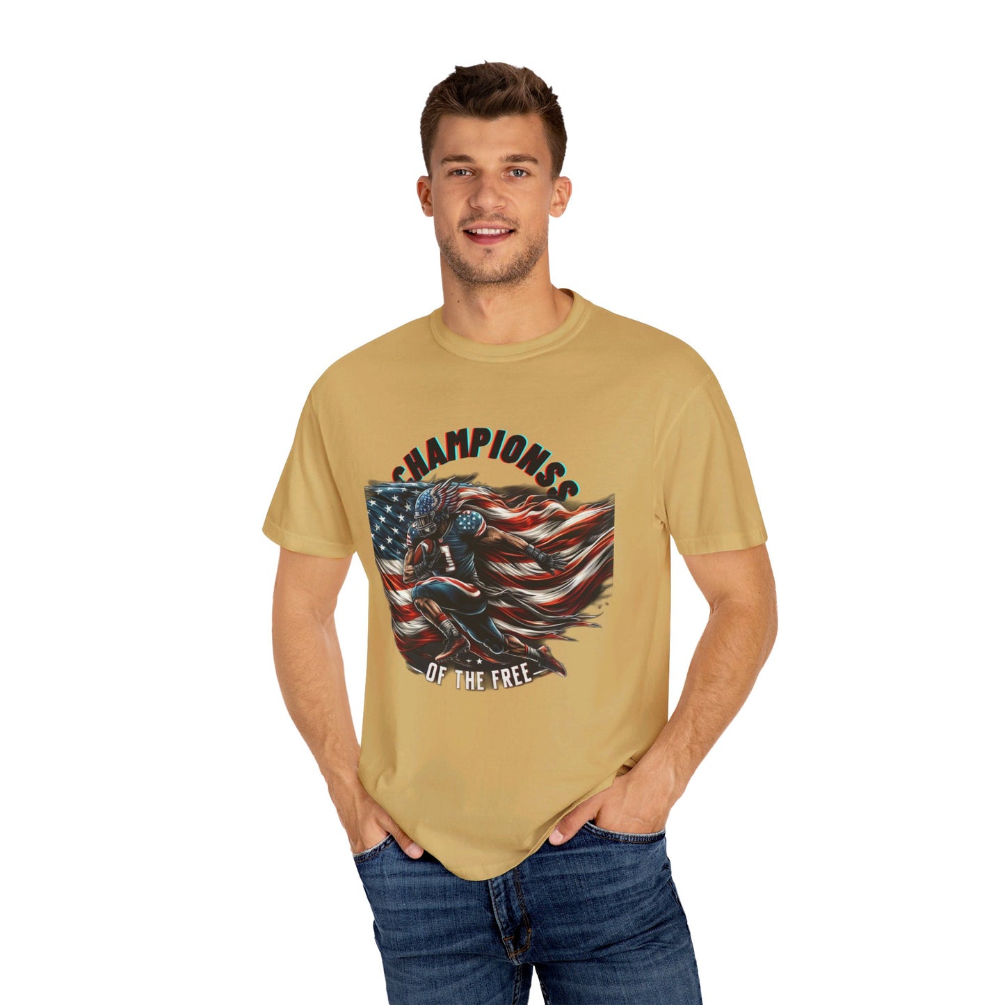 Champions of the Free" T-Shirt – American Football, Patriotic Design, Unmatched Comfort