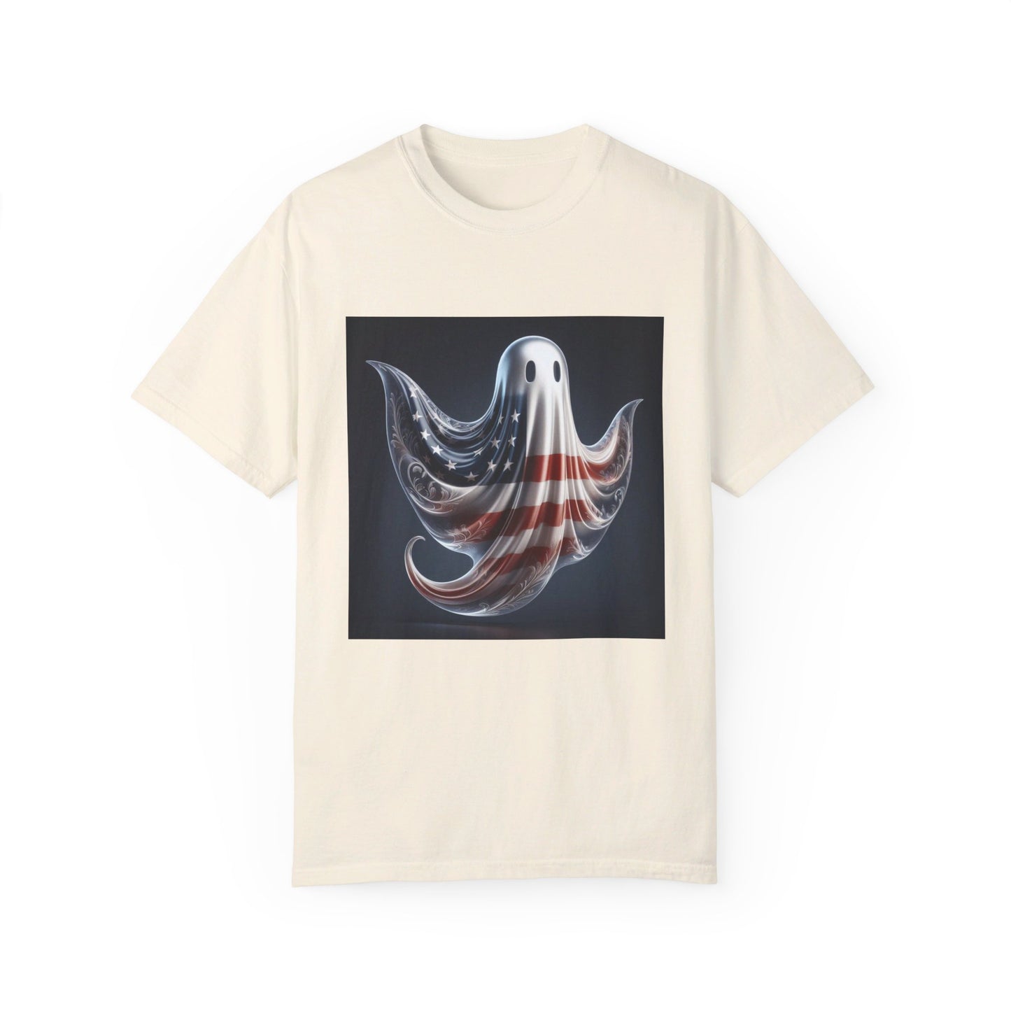 Elegant Ghost T-Shirt with American Flag – Sophisticated Patriotic Design | Comfortable Ring-Spun Cotton Tee