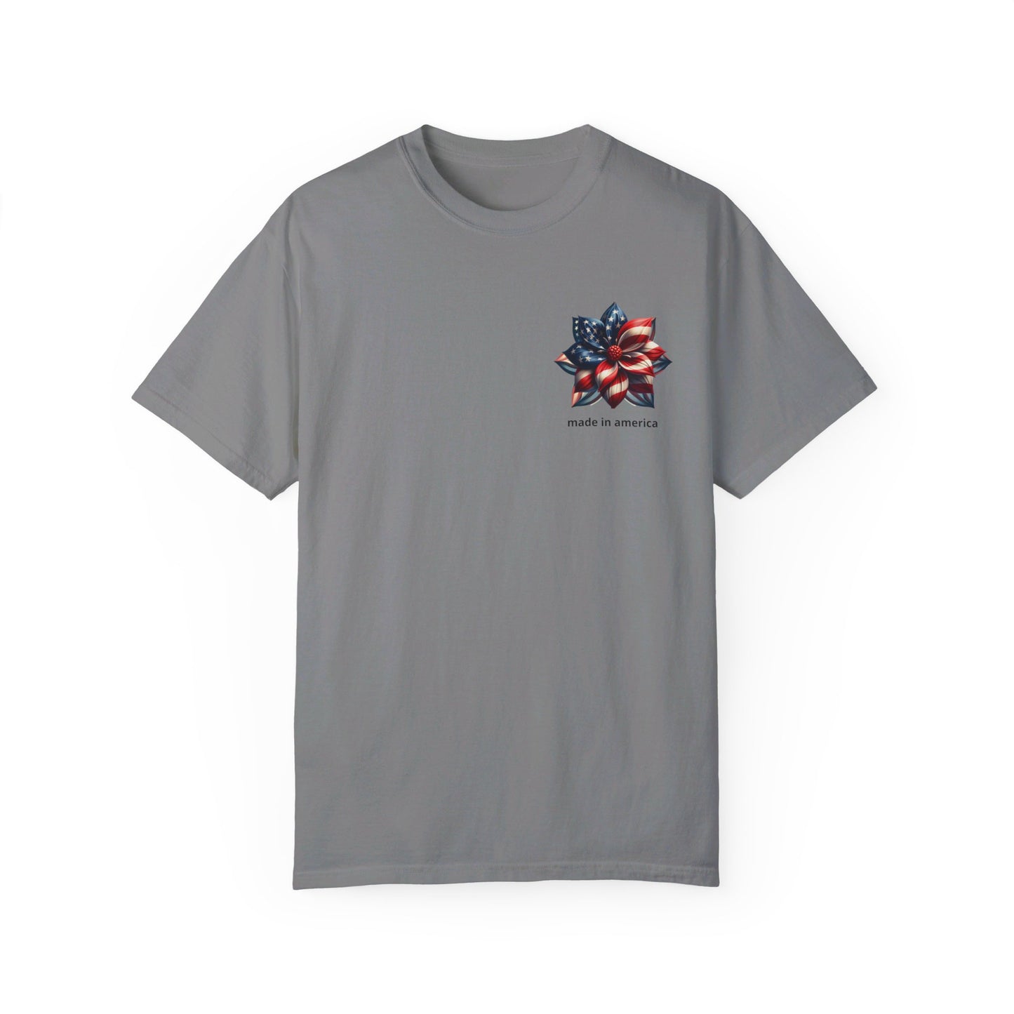 Patriotic Elegance: Women's 'Made in America' Floral Tee – High-Quality, USA-Made Comfort, Unisex Garment-Dyed T-shirt