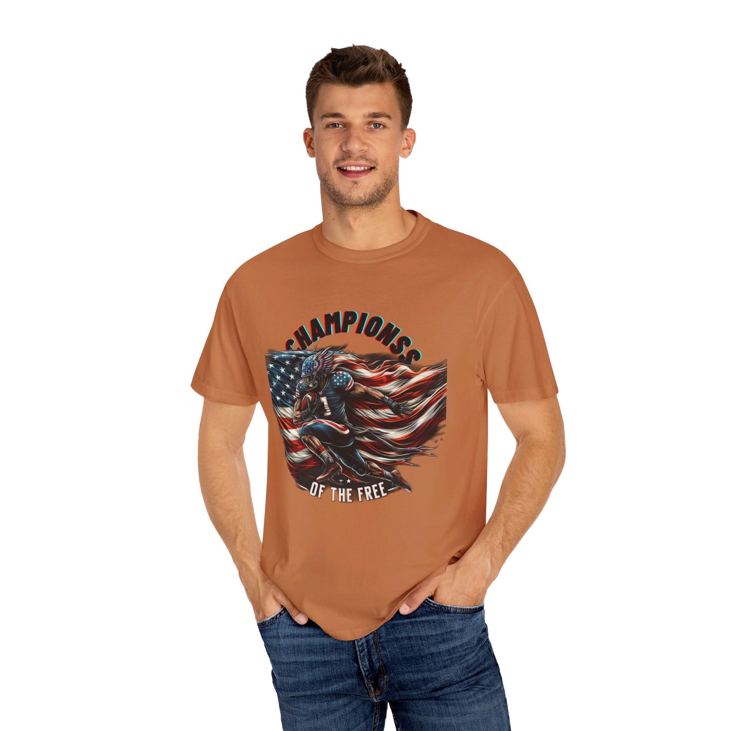 Champions of the Free" T-Shirt – American Football, Patriotic Design, Unmatched Comfort