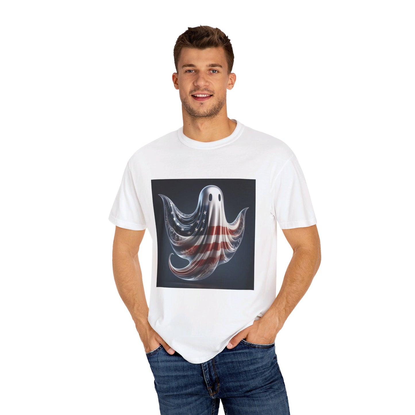 Elegant Ghost T-Shirt with American Flag – Sophisticated Patriotic Design | Comfortable Ring-Spun Cotton Tee