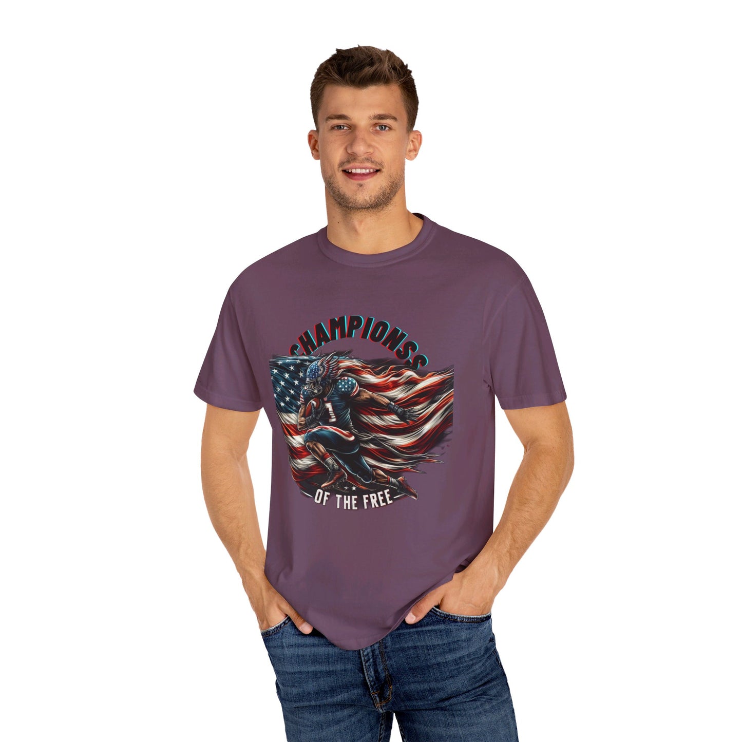 Champions of the Free" T-Shirt – American Football, Patriotic Design, Unmatched Comfort