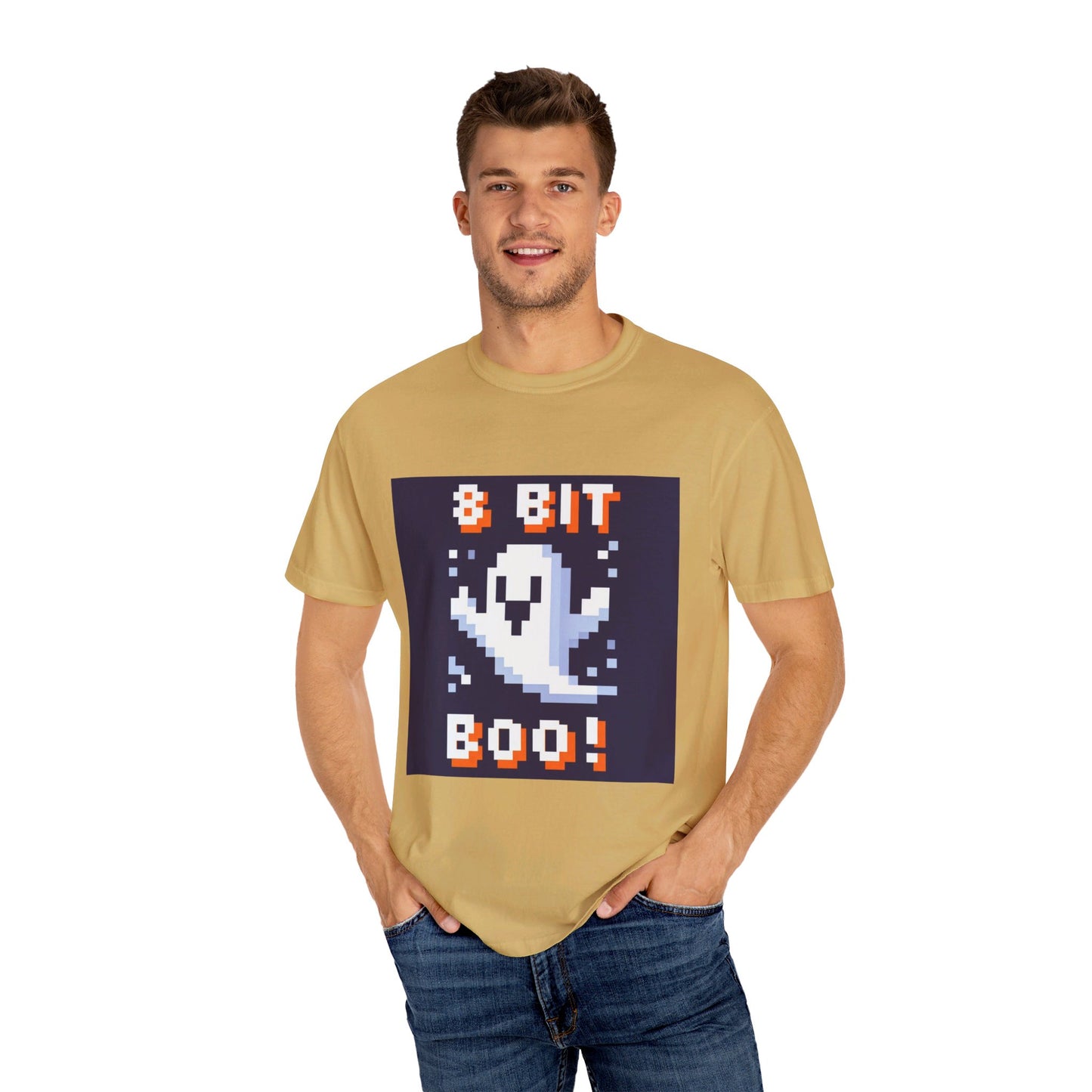 "8-Bit Boo! Retro Pixel Ghost Halloween T-Shirt - Nostalgic Gamer Tee with Neon Glow - Unisex Comfort Fit"