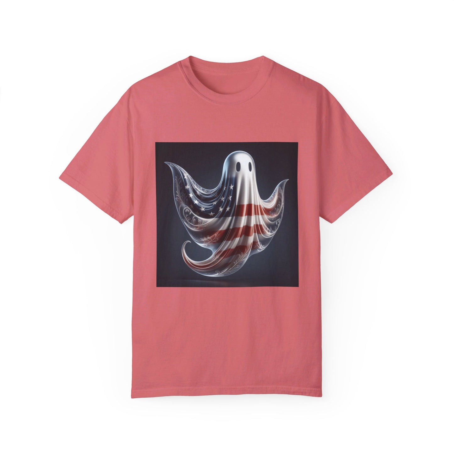 Elegant Ghost T-Shirt with American Flag – Sophisticated Patriotic Design | Comfortable Ring-Spun Cotton Tee