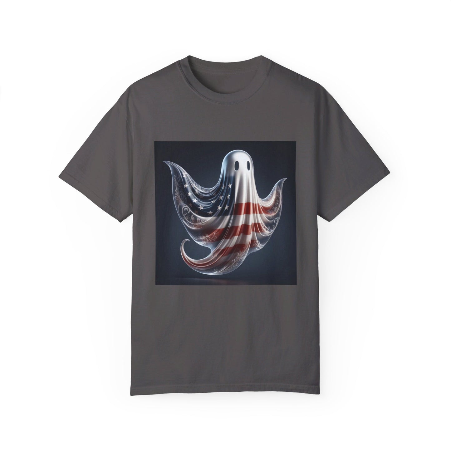 Elegant Ghost T-Shirt with American Flag – Sophisticated Patriotic Design | Comfortable Ring-Spun Cotton Tee