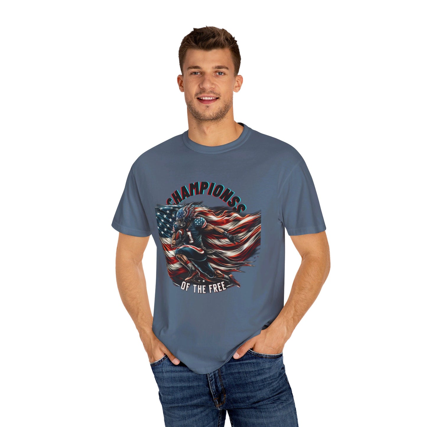 Champions of the Free" T-Shirt – American Football, Patriotic Design, Unmatched Comfort