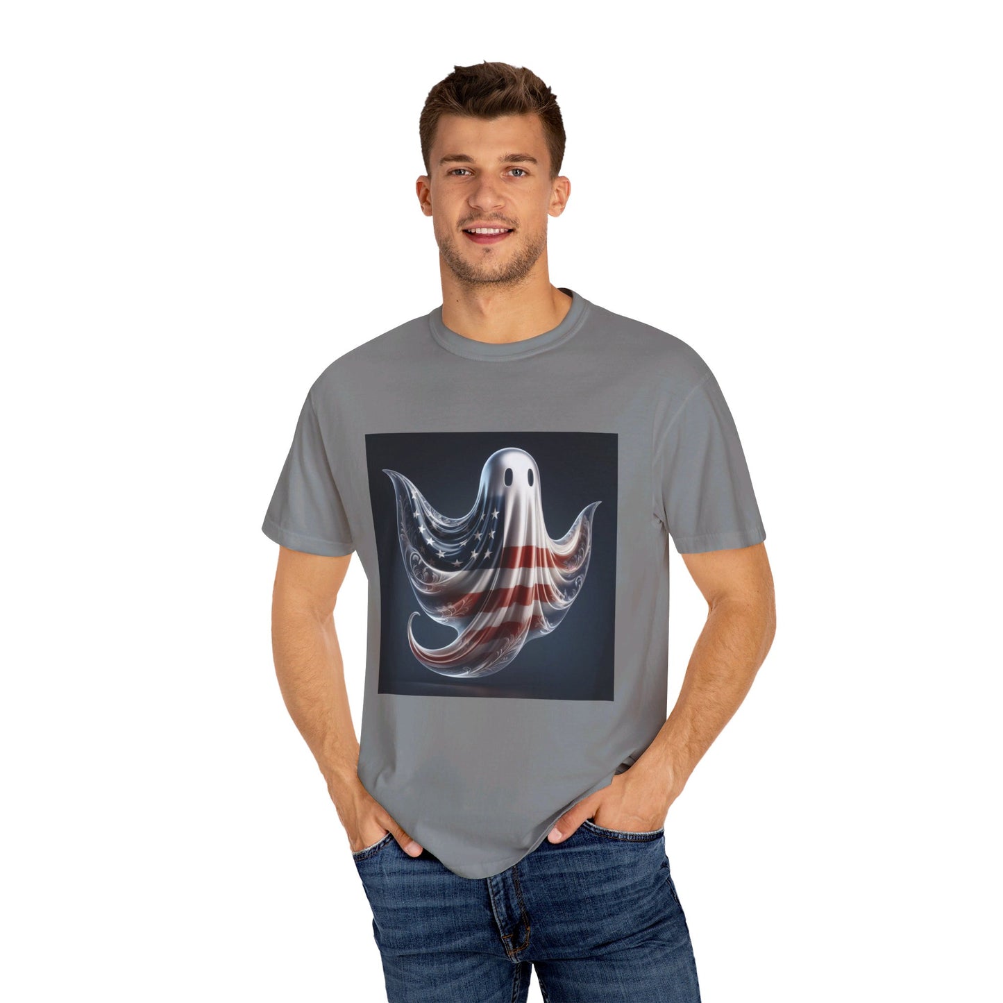 Elegant Ghost T-Shirt with American Flag – Sophisticated Patriotic Design | Comfortable Ring-Spun Cotton Tee