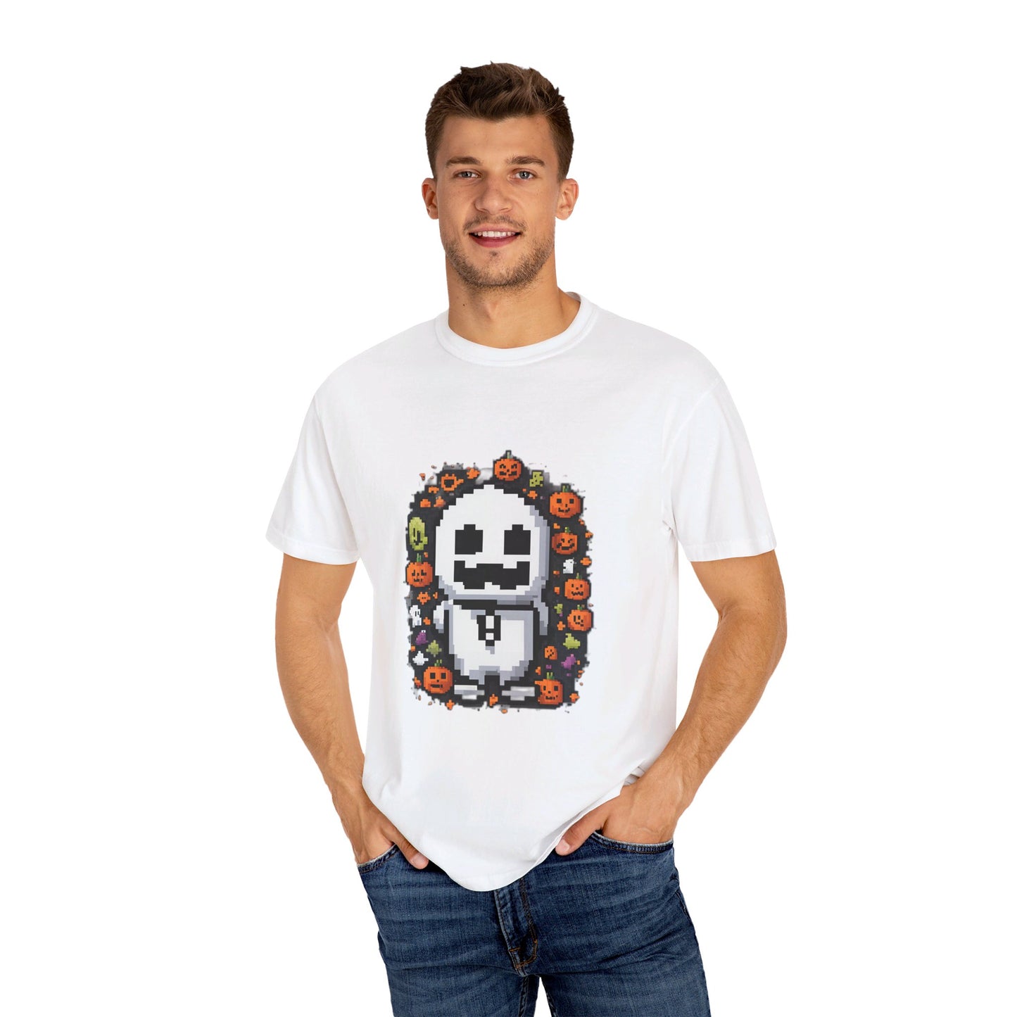 "Ghost and Pumpkins Halloween T-Shirt - Spooky Fun Design, Unisex Fit, Perfect Halloween Gift