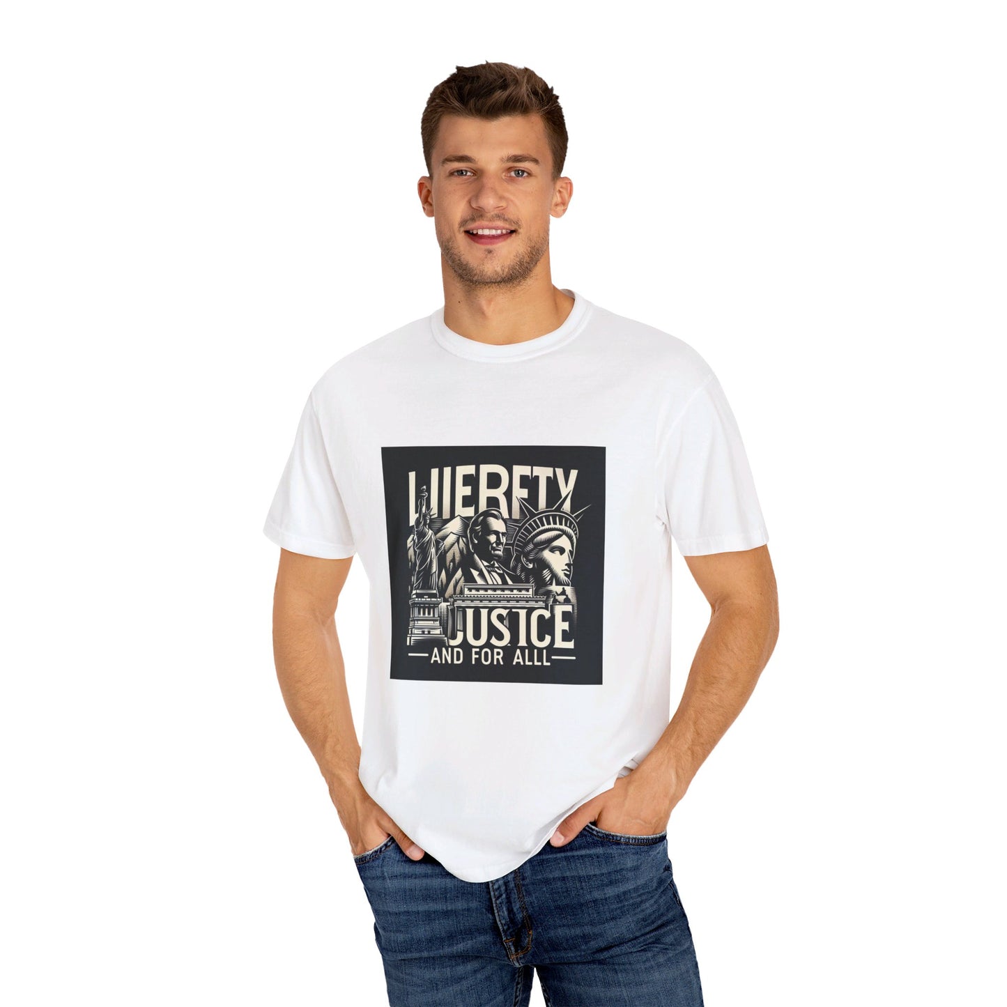 Patriotic T-Shirt | "Liberty and Justice for All" | Iconic American Monuments Design | Unisex Comfort Colors Tee