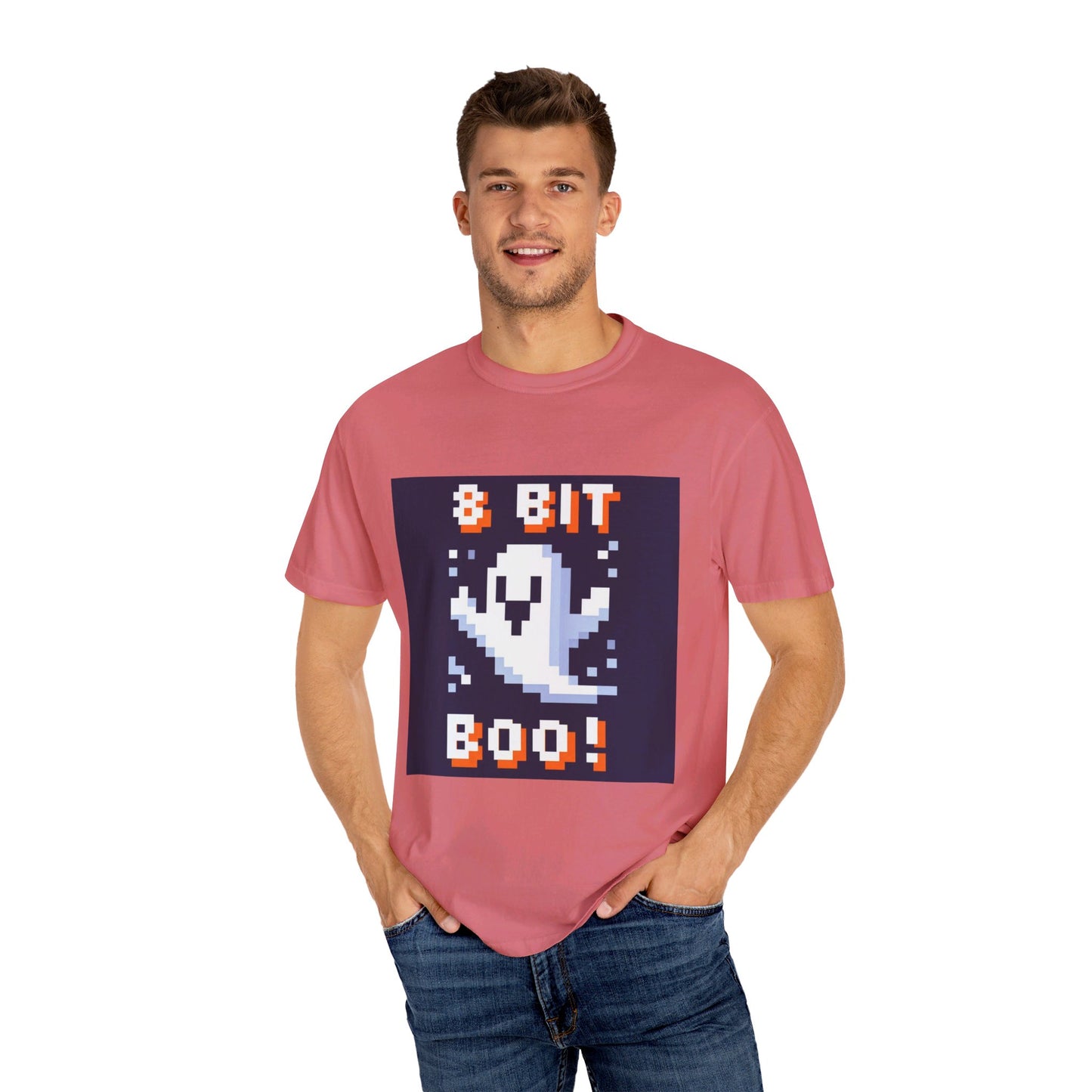 "8-Bit Boo! Retro Pixel Ghost Halloween T-Shirt - Nostalgic Gamer Tee with Neon Glow - Unisex Comfort Fit"