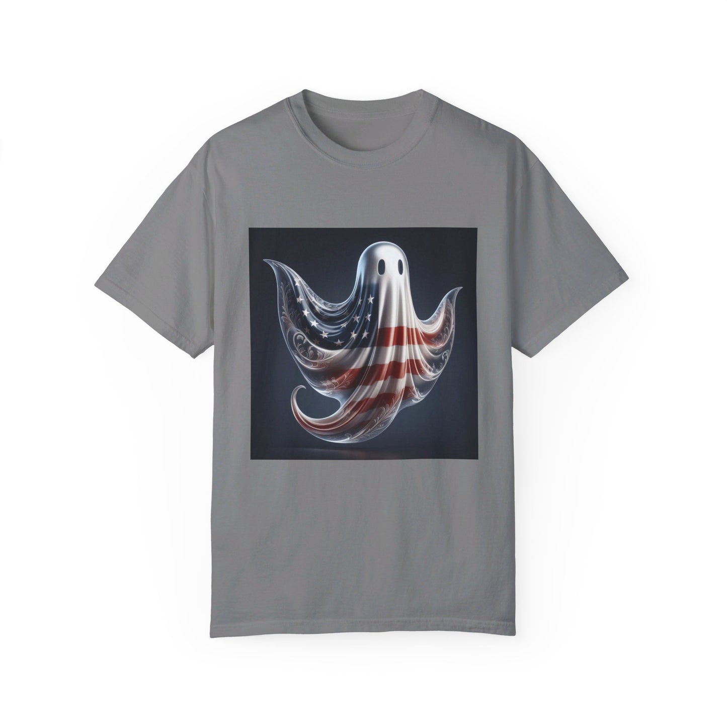 Elegant Ghost T-Shirt with American Flag – Sophisticated Patriotic Design | Comfortable Ring-Spun Cotton Tee