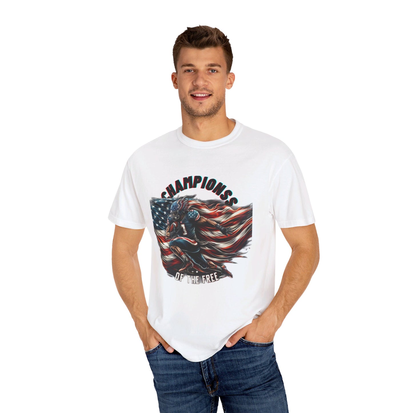 Champions of the Free" T-Shirt – American Football, Patriotic Design, Unmatched Comfort