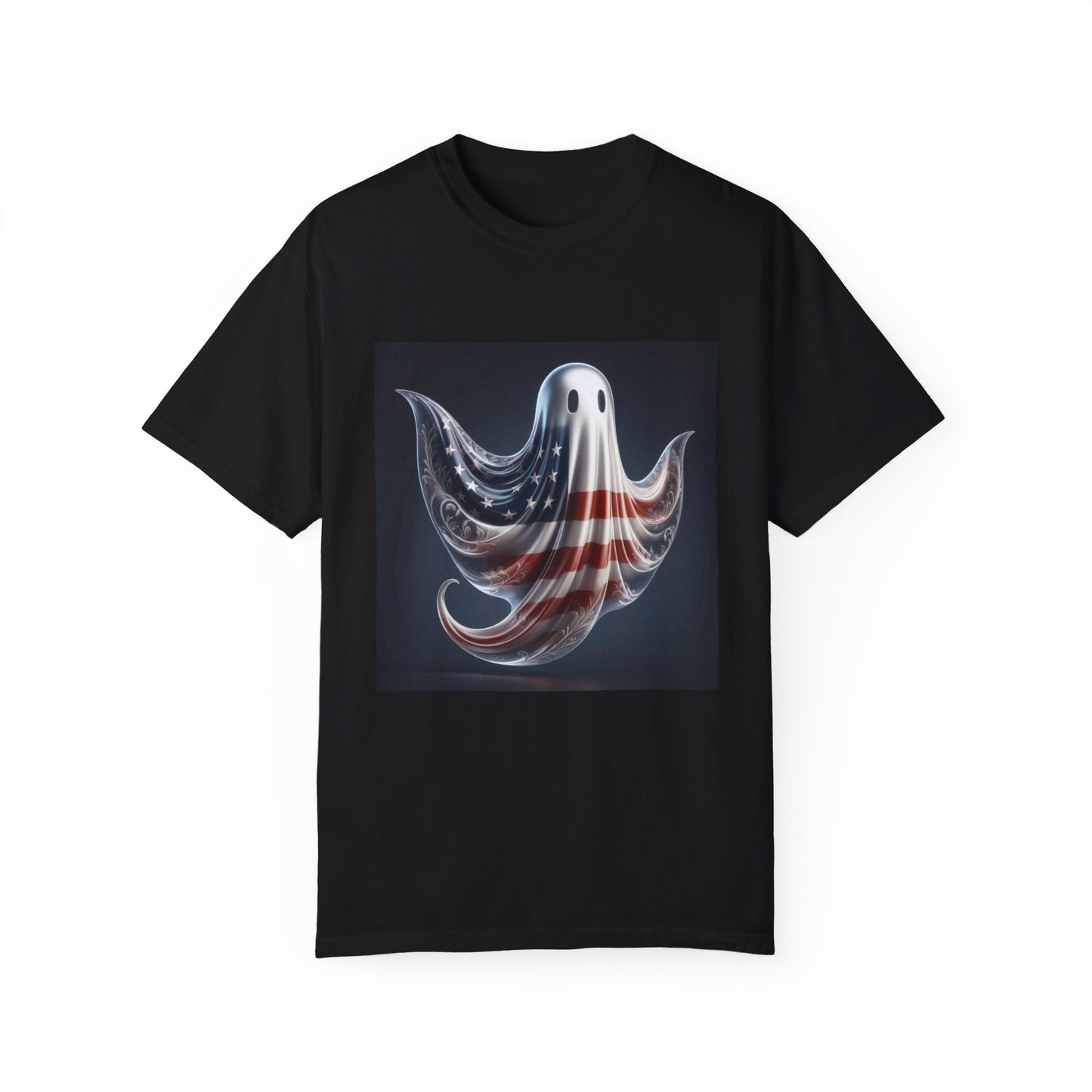 Elegant Ghost T-Shirt with American Flag – Sophisticated Patriotic Design | Comfortable Ring-Spun Cotton Tee