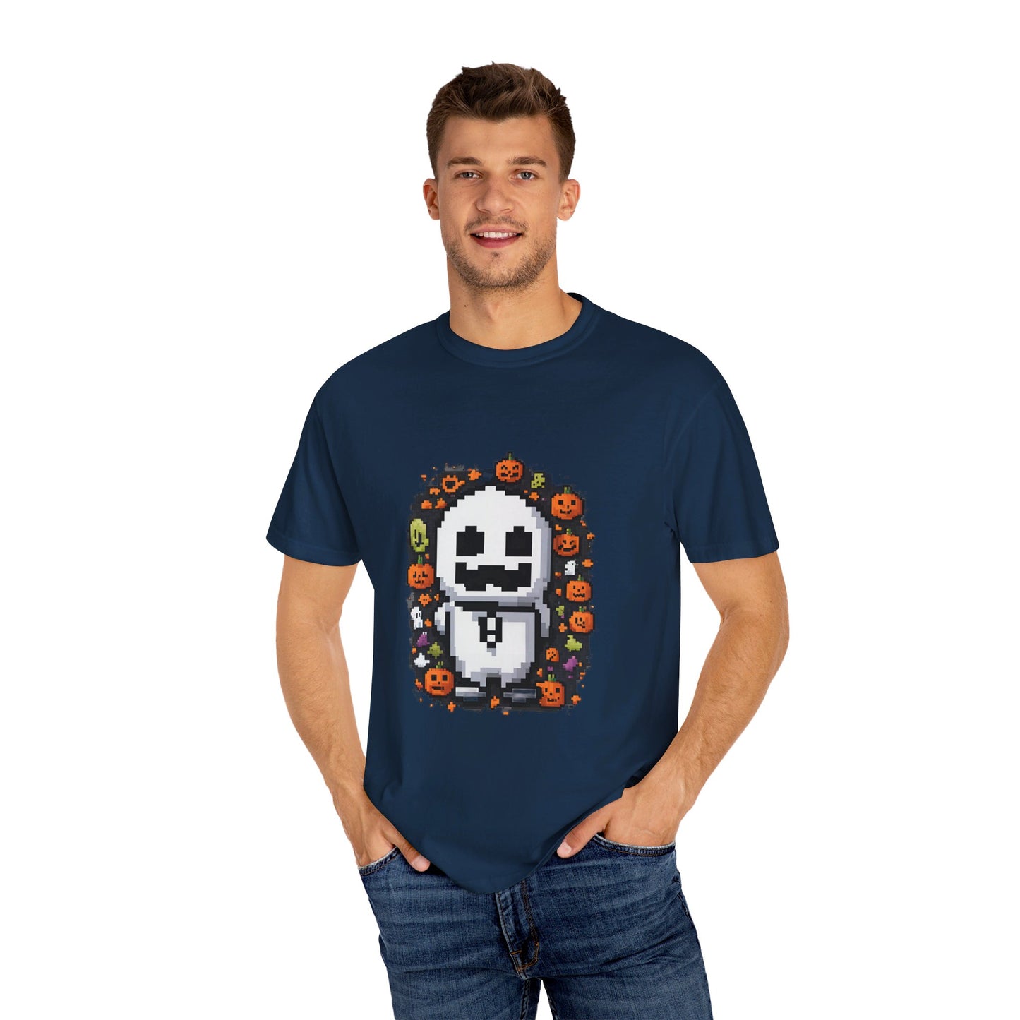 "Ghost and Pumpkins Halloween T-Shirt - Spooky Fun Design, Unisex Fit, Perfect Halloween Gift