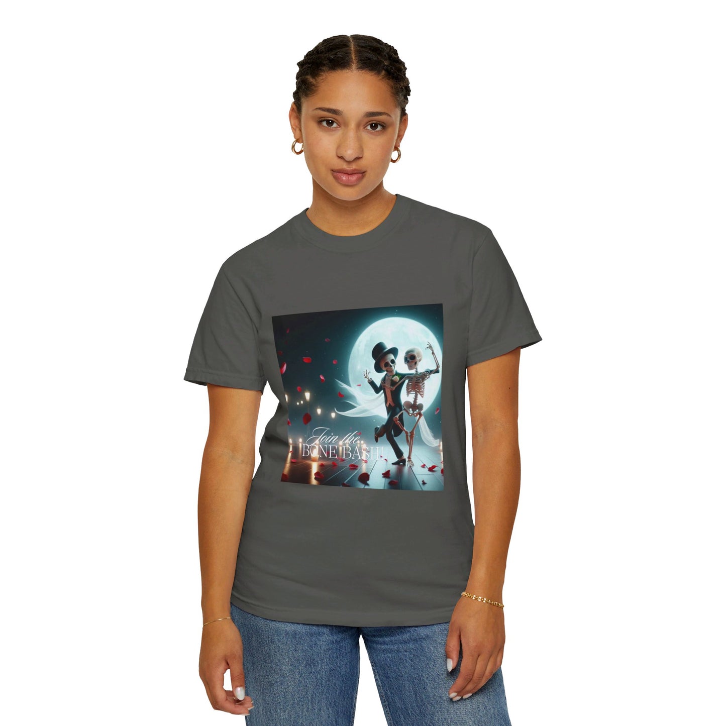 "Join the Bone Bash" Halloween T-Shirt – Dancing Skeleton Couple | Spooky Party Shirt | Fun & Festive Halloween Apparel | Unique Gift Idea