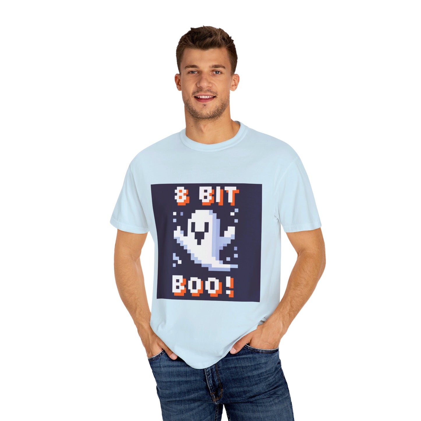 "8-Bit Boo! Retro Pixel Ghost Halloween T-Shirt - Nostalgic Gamer Tee with Neon Glow - Unisex Comfort Fit"