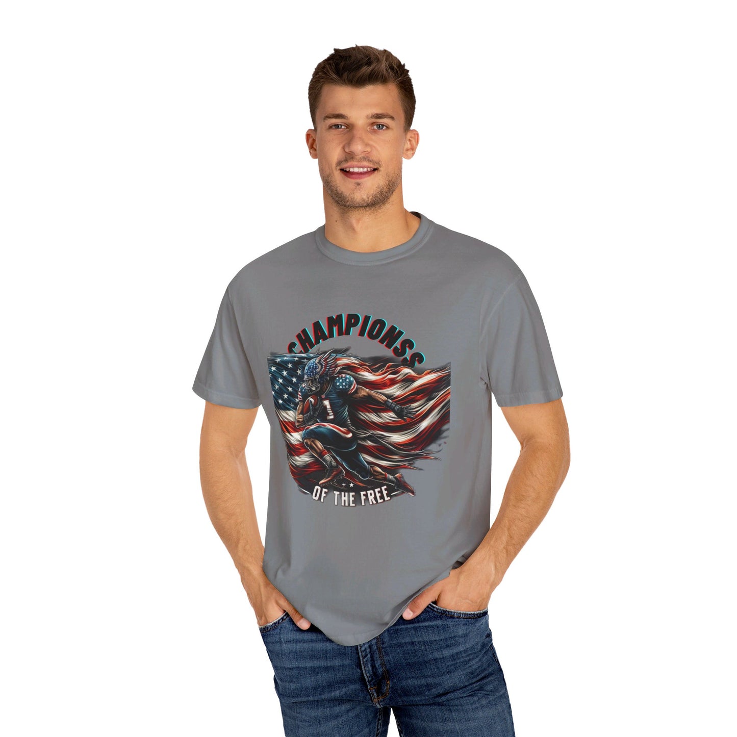 Champions of the Free" T-Shirt – American Football, Patriotic Design, Unmatched Comfort