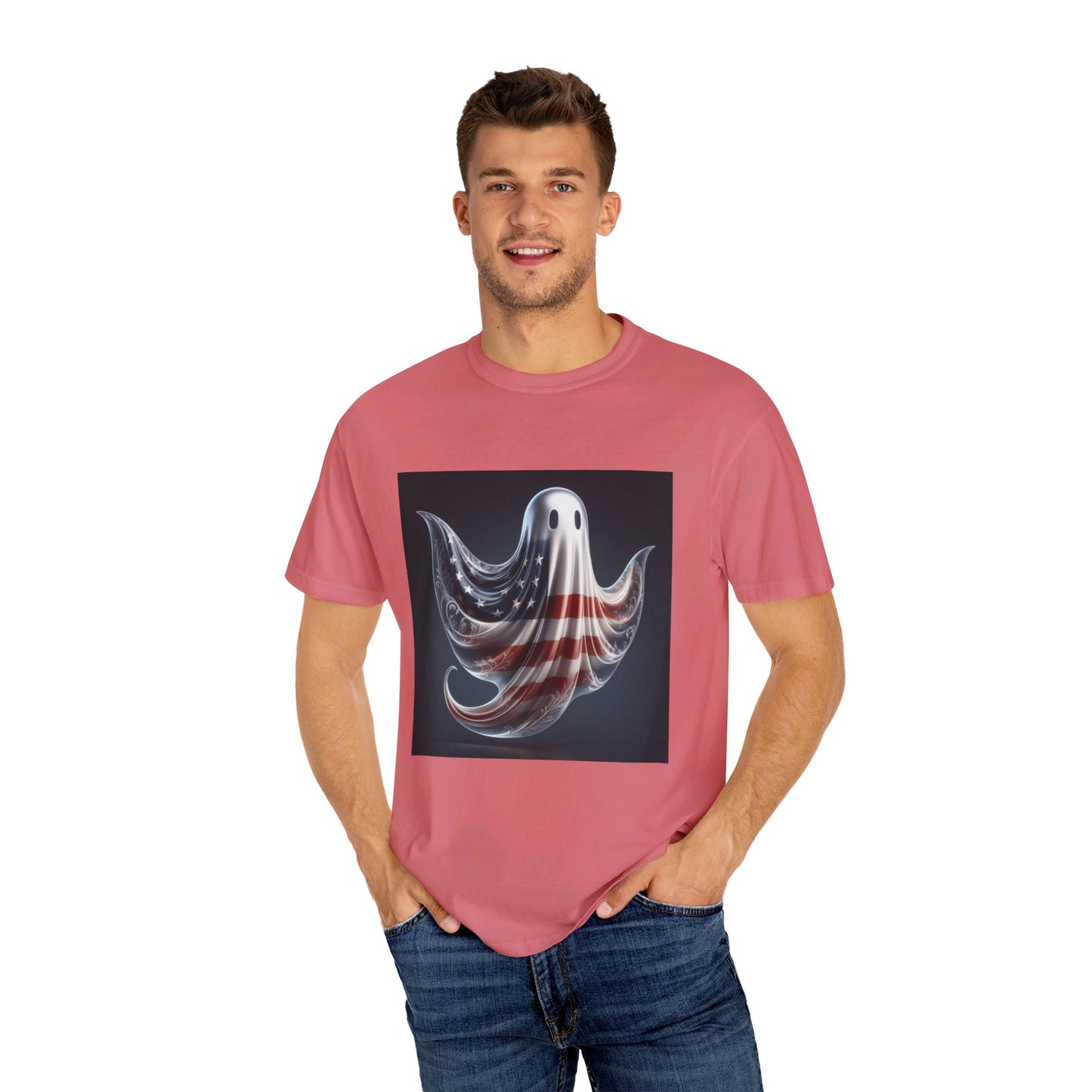 Elegant Ghost T-Shirt with American Flag – Sophisticated Patriotic Design | Comfortable Ring-Spun Cotton Tee