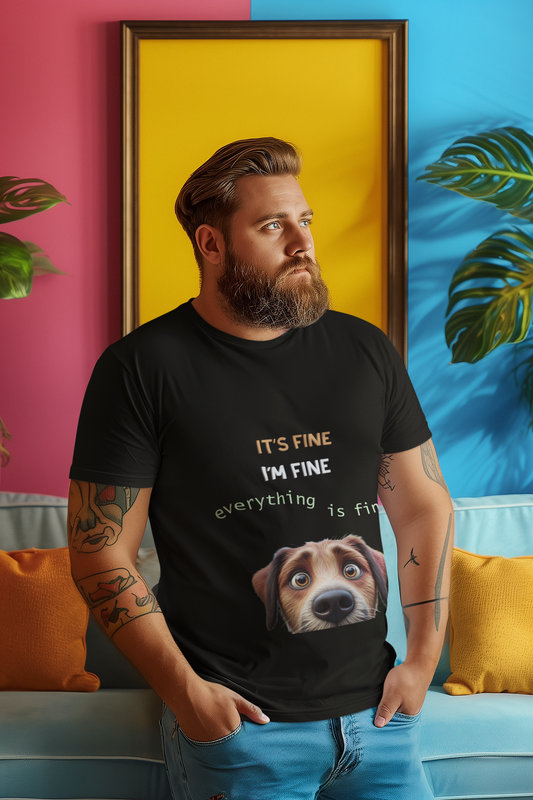 Stay Calm in Style: 'It's Fine, I'm Fine, Everything is Fine' Dog Face Tee – Perfect for Dog Lovers!, Unisex Cut & Sew Tee (AOP)