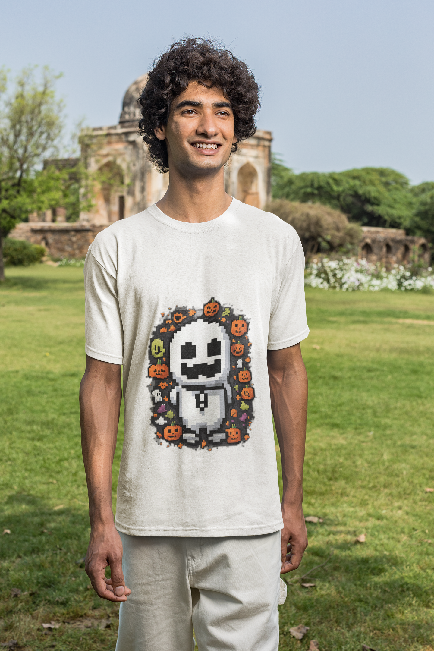 "Ghost and Pumpkins Halloween T-Shirt - Spooky Fun Design, Unisex Fit, Perfect Halloween Gift