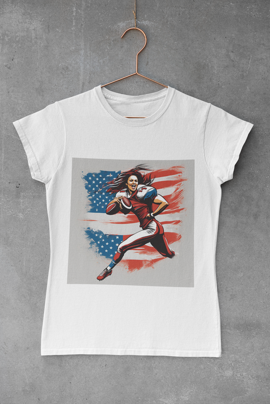 Champions of the Free: Patriotic Women's American Football T-Shirt | USA Pride Apparel