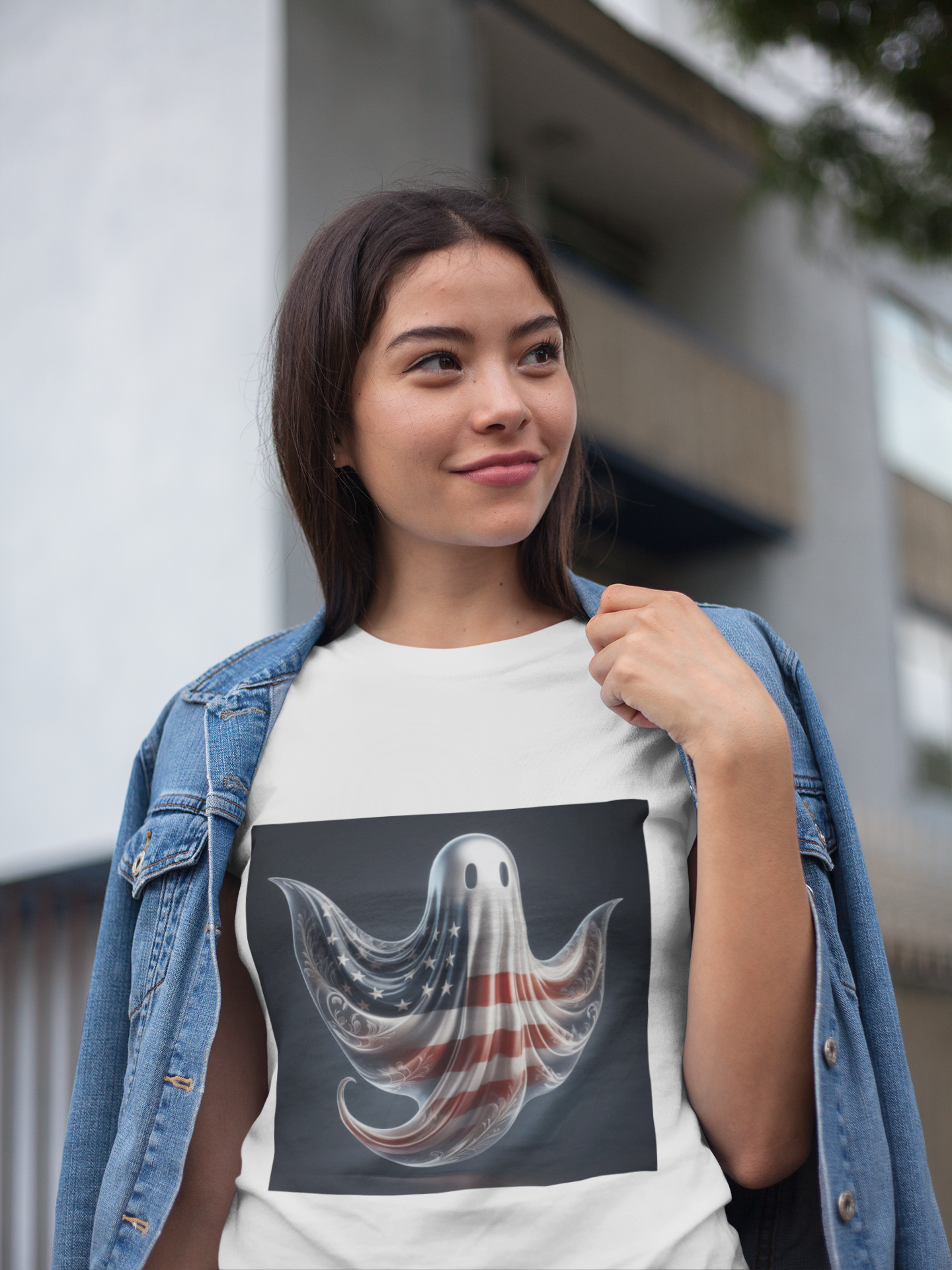 Elegant Ghost T-Shirt with American Flag – Sophisticated Patriotic Design | Comfortable Ring-Spun Cotton Tee