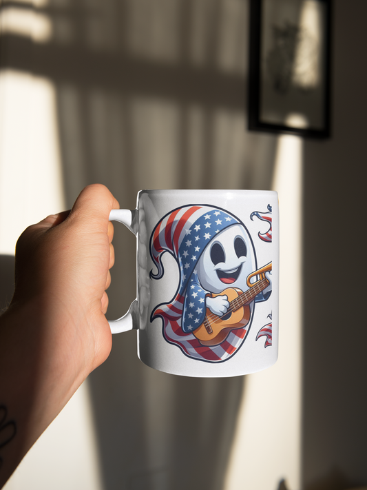 Patriotic Ghost Coffee Mug - Sipping on Boo and Brew | Fun Halloween & USA Themed Ceramic Cup – Perfect Gift Idea!