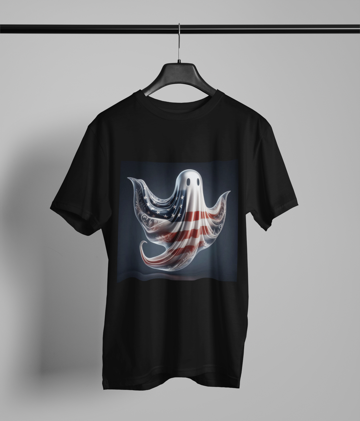 Elegant Ghost T-Shirt with American Flag – Sophisticated Patriotic Design | Comfortable Ring-Spun Cotton Tee