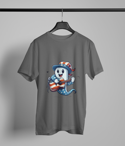 Patriotic Ghost T-Shirt with Guitar – Fun Americana Design | Comfortable Ring-Spun Cotton Tee for Music Lovers