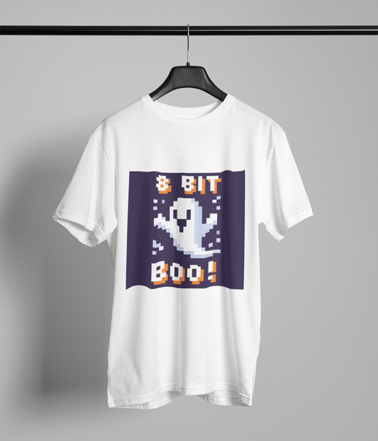 "8-Bit Boo! Retro Pixel Ghost Halloween T-Shirt - Nostalgic Gamer Tee with Neon Glow - Unisex Comfort Fit"