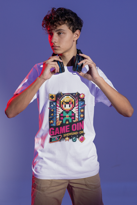 Pixel Art Retro Kids' Tee – Classic Gaming Style with 'Game On' – Comfortable, Durable, and Ethically Made,