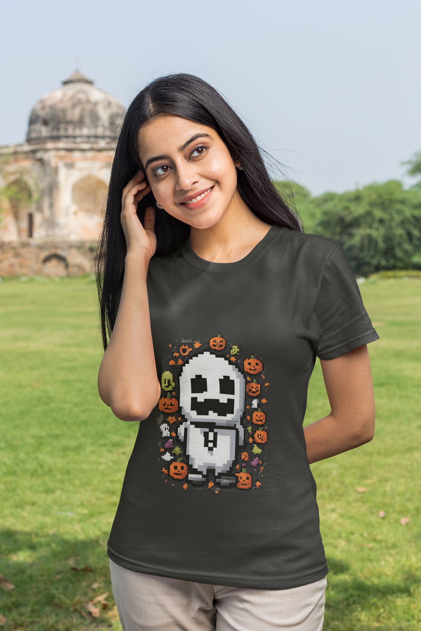 "Ghost and Pumpkins Halloween T-Shirt - Spooky Fun Design, Unisex Fit, Perfect Halloween Gift